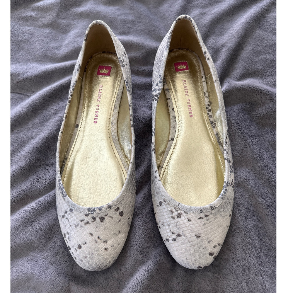 Elaine Turner Shoes Womens 10 Gray White Snakeskin Ballet Flats Preppy Casual